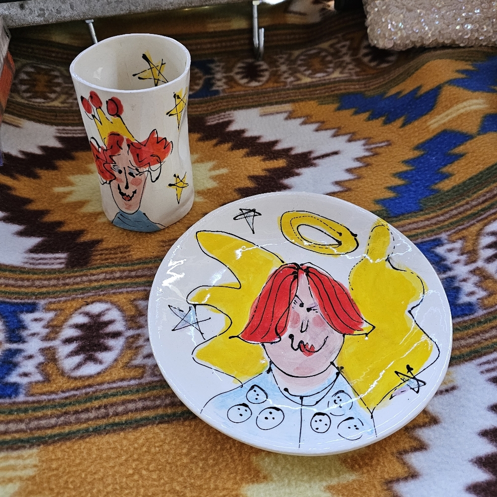Whimsical Angel Pottery Plate & Cup